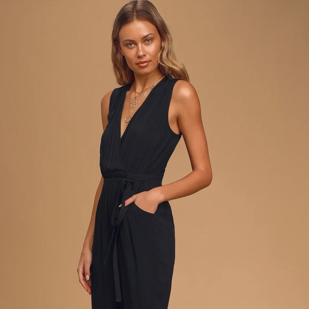 Take On the Day Black Sleeveless Surplice Jumpsuit